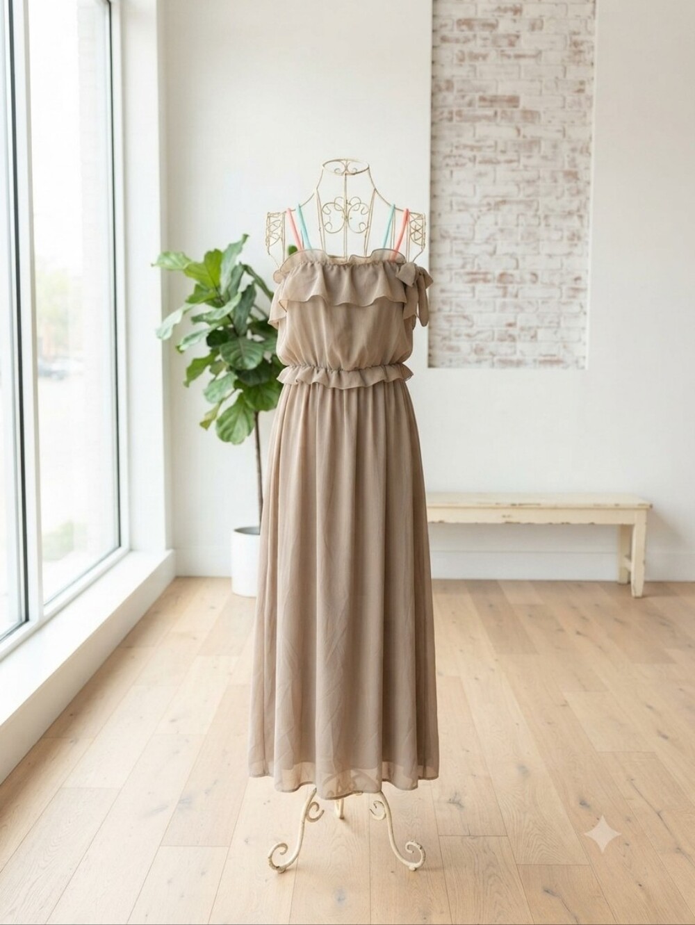 Off-Shoulder Ruffle Maxi Dress in Taupe